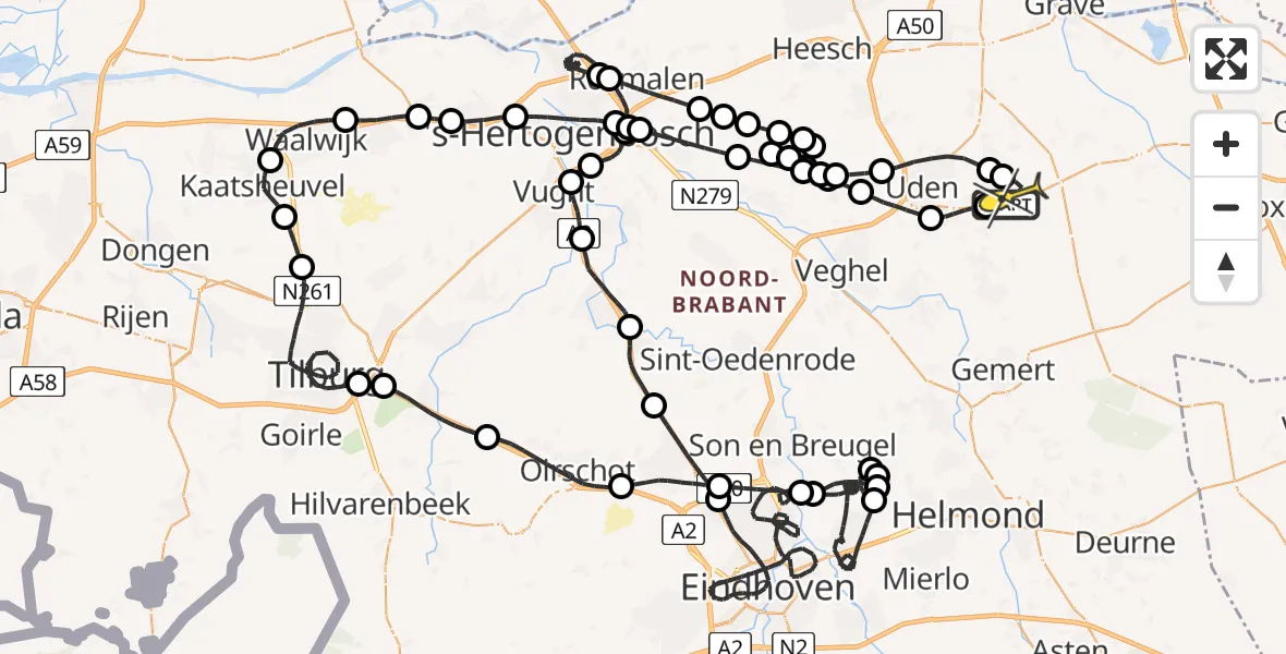 Routekaart van de vlucht: Politiehelikopter naar Vliegbasis Volkel, Rondweg Volkel