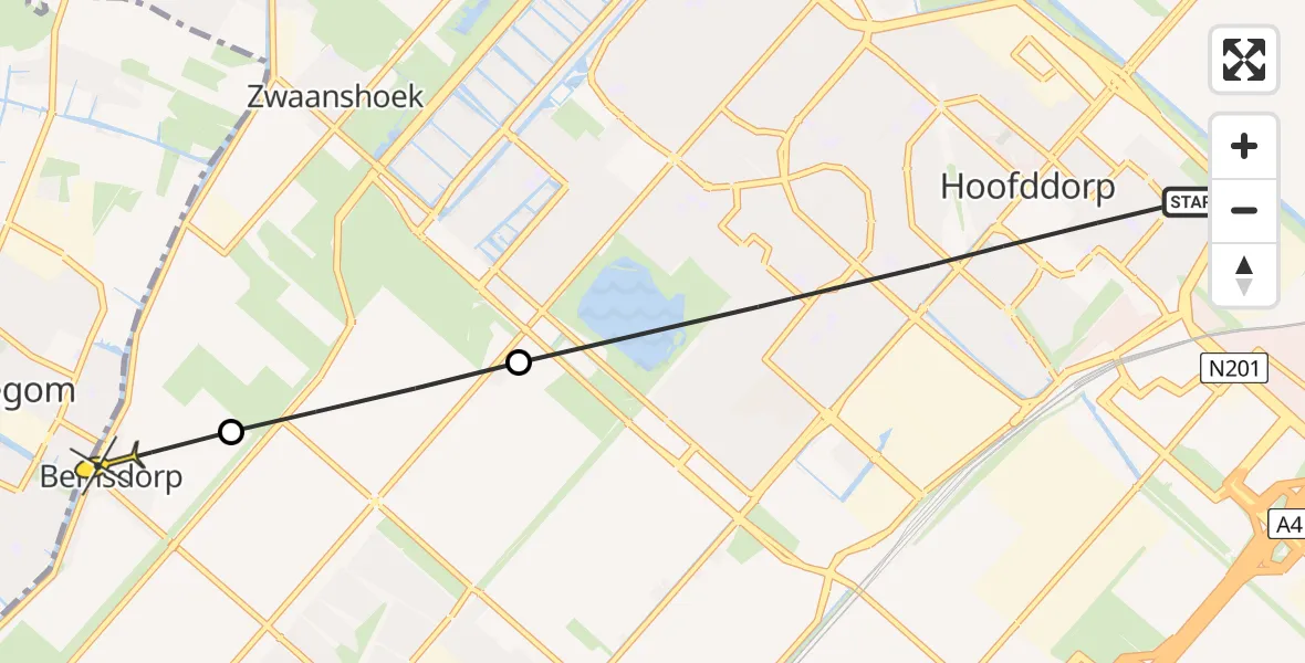 Routekaart van de vlucht: Politiehelikopter naar Beinsdorp, Cor van de Meerstraat