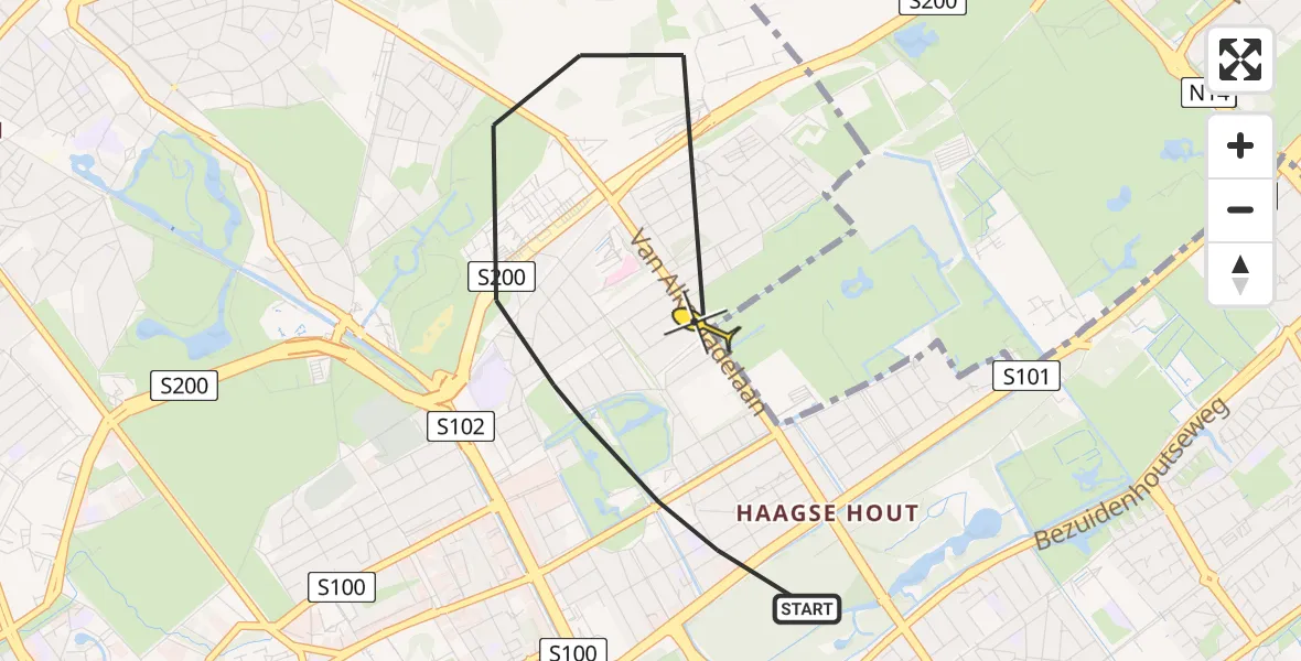 Routekaart van de vlucht: Politieheli naar Den Haag, Waalsdorperweg