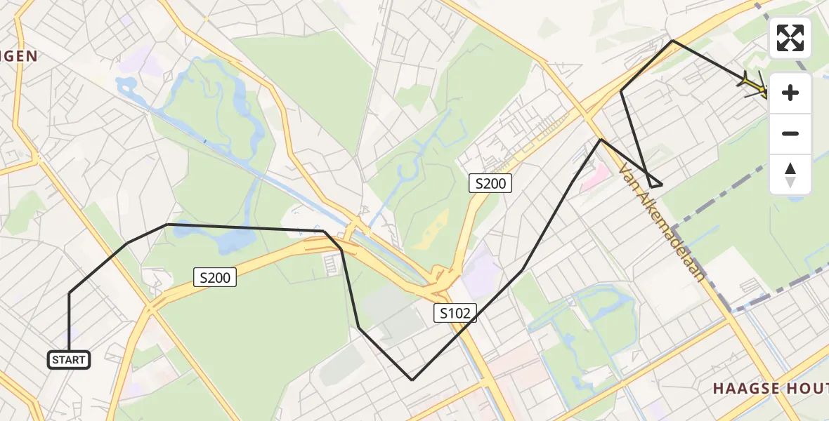 Routekaart van de vlucht: Politiehelikopter naar Den Haag, Ruychrocklaan