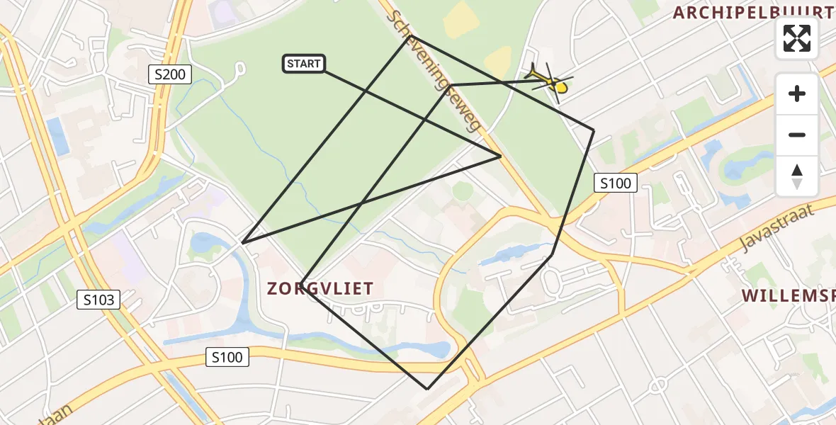 Routekaart van de vlucht: Politieheli naar Den Haag, Scheveningseweg