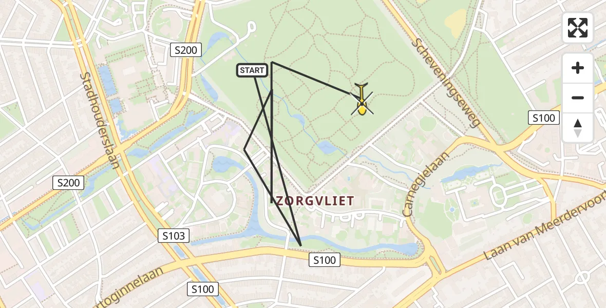 Routekaart van de vlucht: Politieheli naar Den Haag, Jacob Catslaan