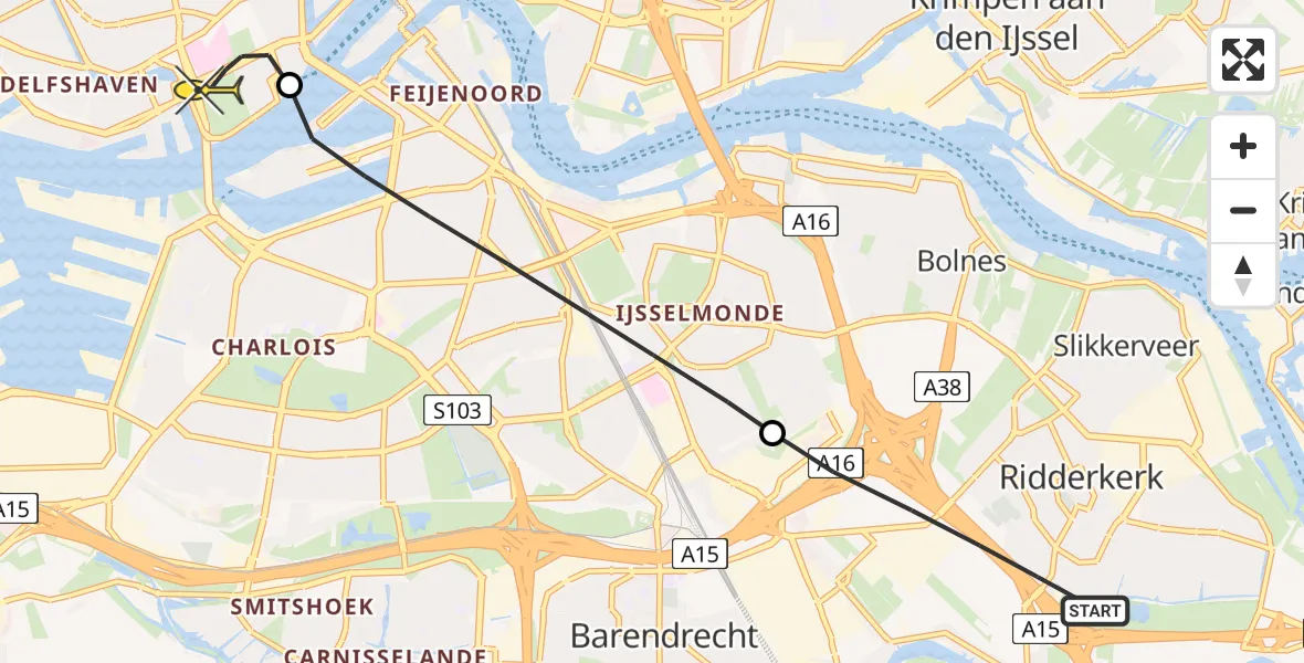 Routekaart van de vlucht: Lifeliner 1 naar Erasmus MC, Baden Powelllaan