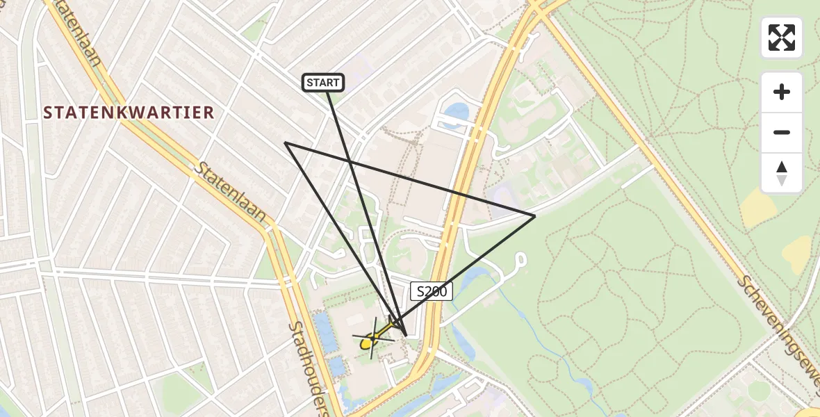 Routekaart van de vlucht: Politieheli naar Den Haag, President Kennedylaan