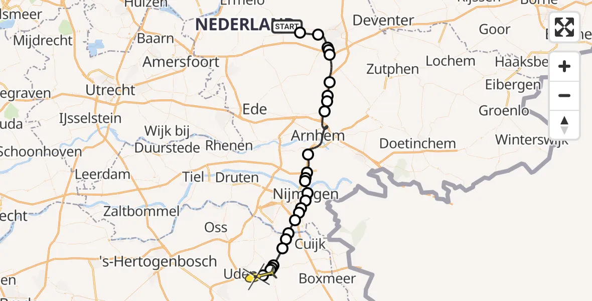 Routekaart van de vlucht: Politiehelikopter naar Vliegbasis Volkel, Hofweg