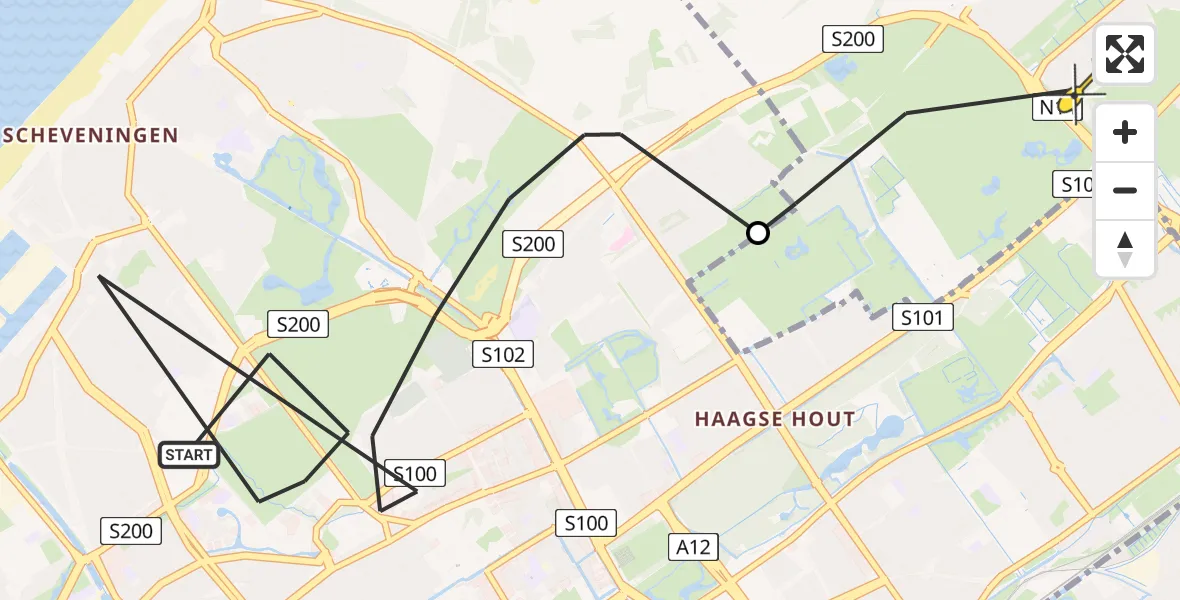 Routekaart van de vlucht: Politieheli naar Wassenaar, Scholstraat