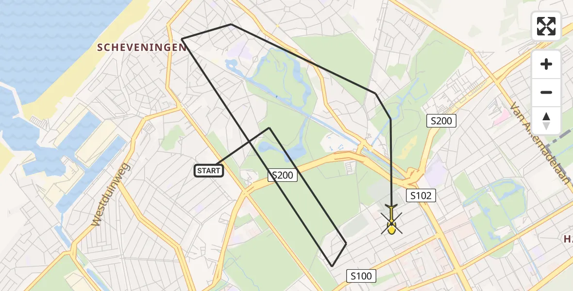 Routekaart van de vlucht: Politiehelikopter naar Den Haag, Prinsevinkenpark