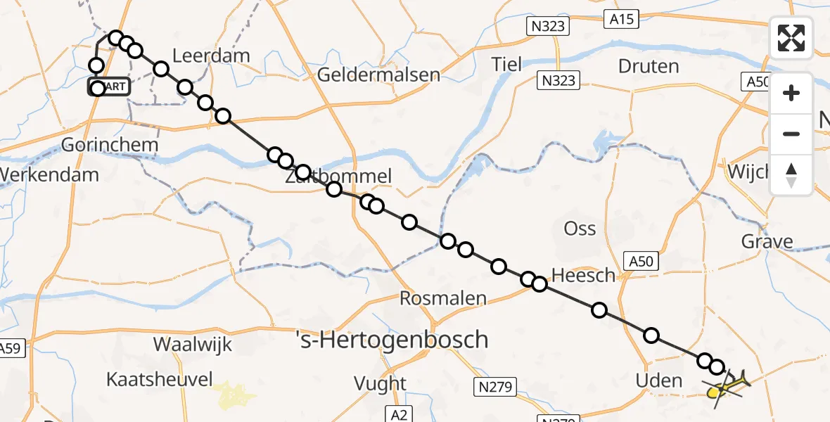 Routekaart van de vlucht: Politieheli naar Vliegbasis Volkel, Scheiwijk