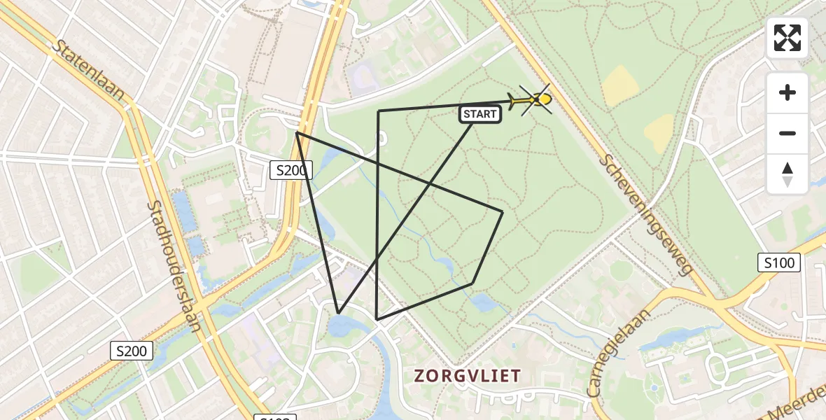 Routekaart van de vlucht: Politiehelikopter naar Den Haag, Scheveningseweg