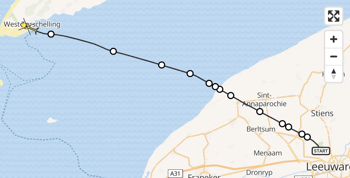 Routekaart van de vlucht: Ambulanceheli naar West-Terschelling, Keegsdijkje