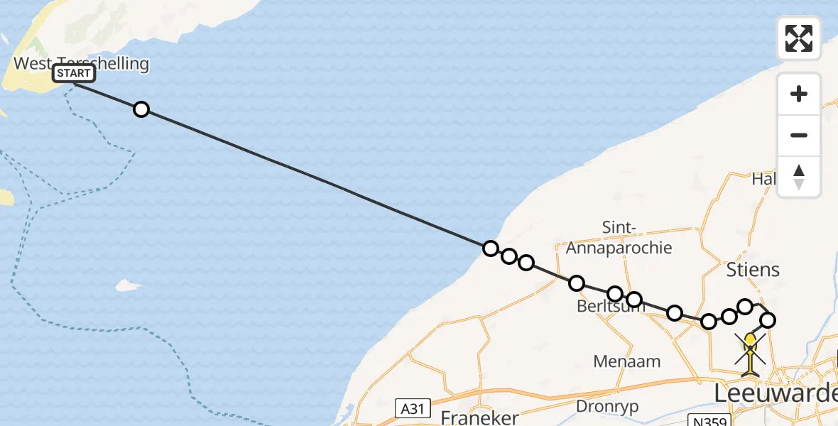 Routekaart van de vlucht: Ambulancehelikopter naar Vliegbasis Leeuwarden, De Kom