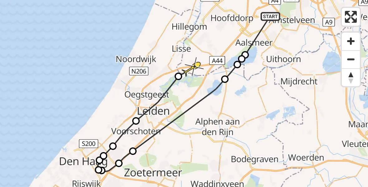 Routekaart van de vlucht: Politiehelikopter naar Abbenes, Westeinderplassen