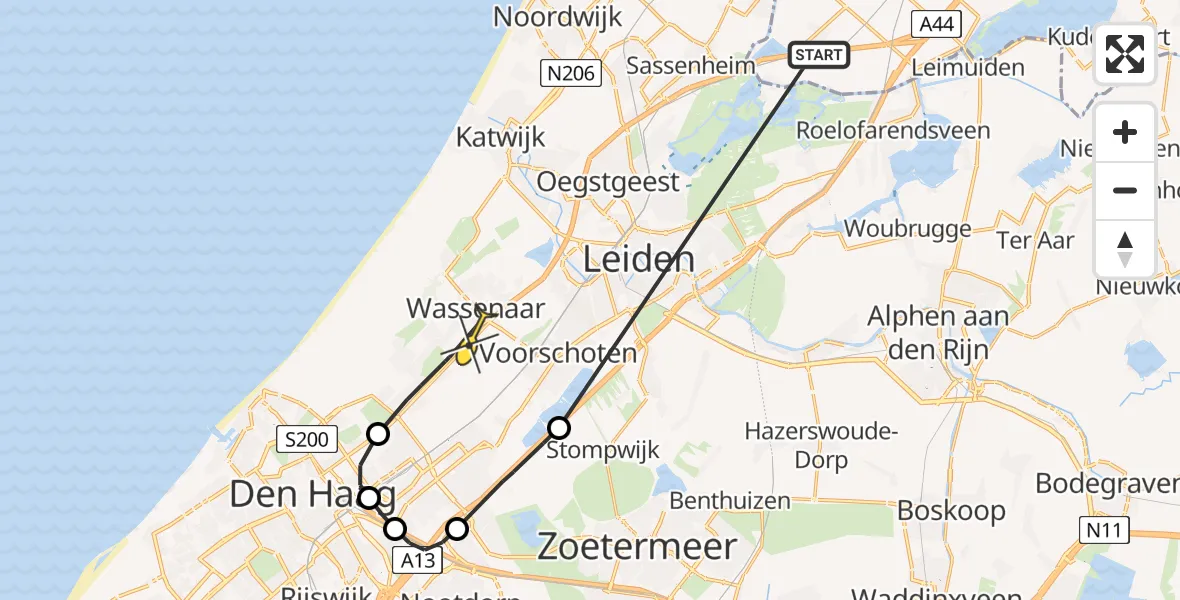 Routekaart van de vlucht: Politiehelikopter naar Wassenaar, Starrevaarttocht