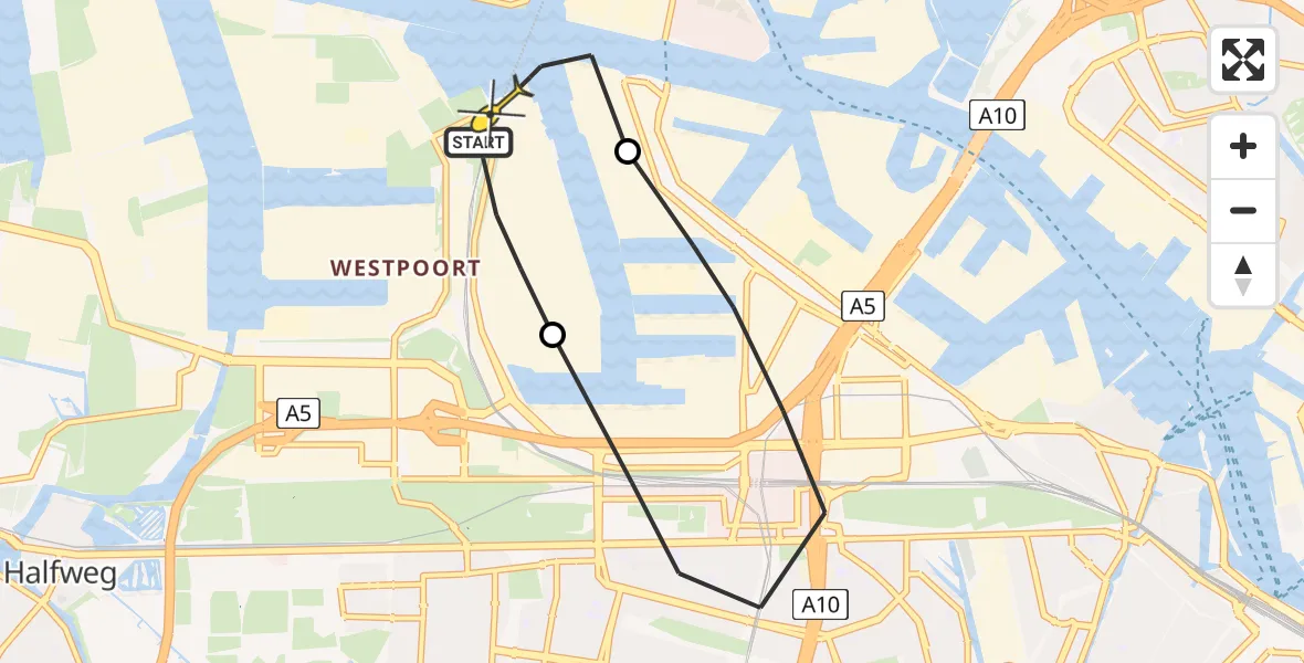 Routekaart van de vlucht: Lifeliner 1 naar Amsterdam Heliport, Corsicaweg