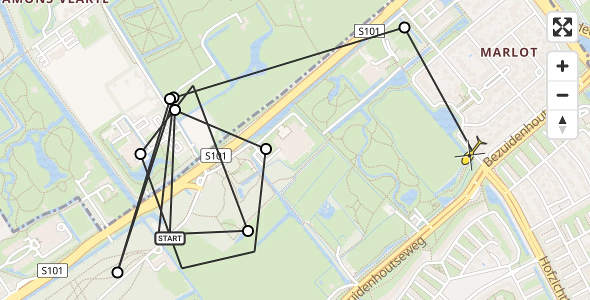 Routekaart van de vlucht: Politieheli naar Den Haag, Reigersbergen