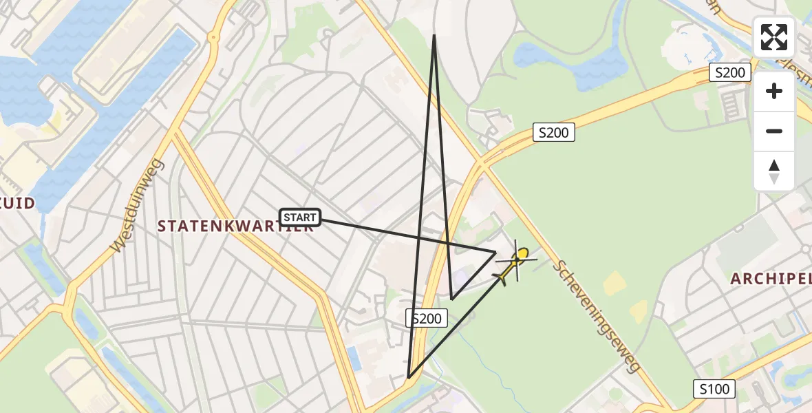 Routekaart van de vlucht: Politiehelikopter naar Den Haag, President Kennedylaan