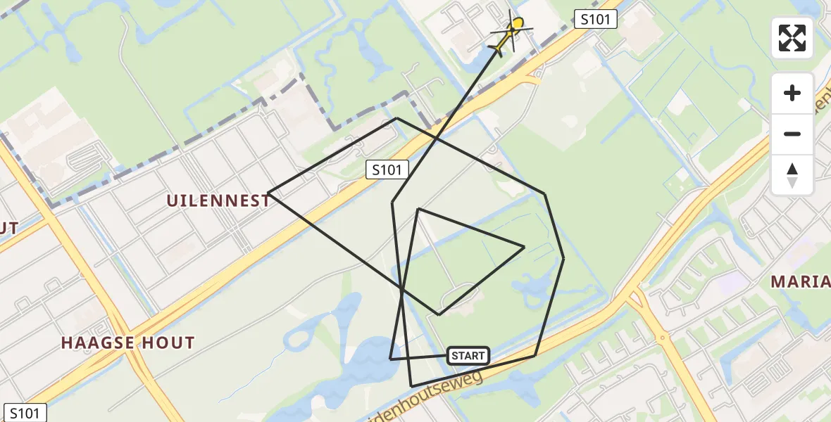 Routekaart van de vlucht: Politieheli naar Wassenaar, John Adams Park