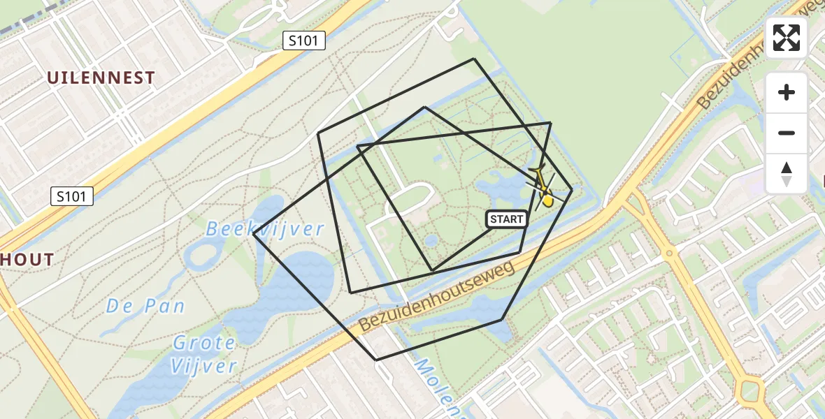 Routekaart van de vlucht: Politiehelikopter naar Den Haag, Bezuidenhoutseweg