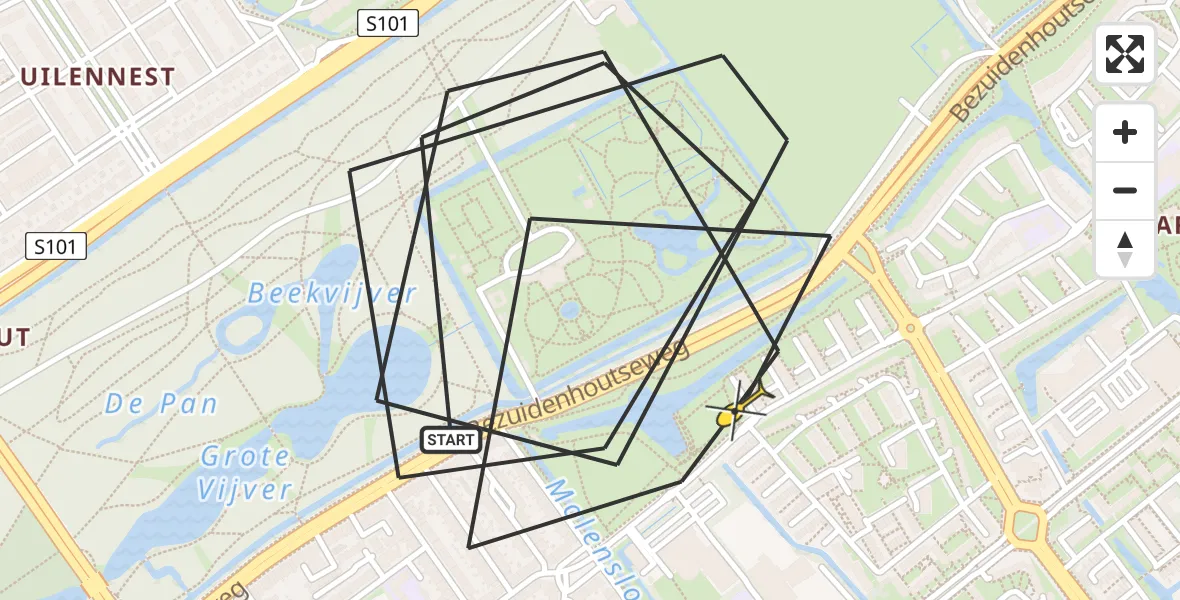 Routekaart van de vlucht: Politiehelikopter naar Den Haag, Leidsestraatweg