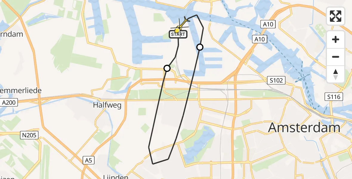 Routekaart van de vlucht: Lifeliner 1 naar Amsterdam Heliport, Nieuw-Zeelandweg