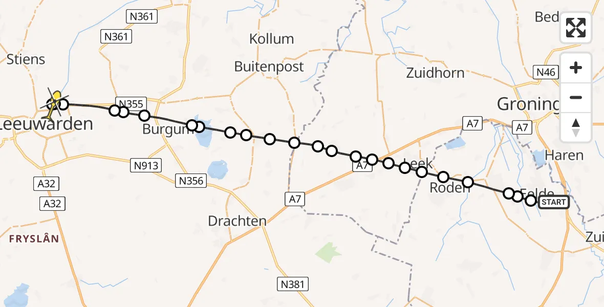 Routekaart van de vlucht: Lifeliner 4 naar Leeuwarden, Hoofdweg