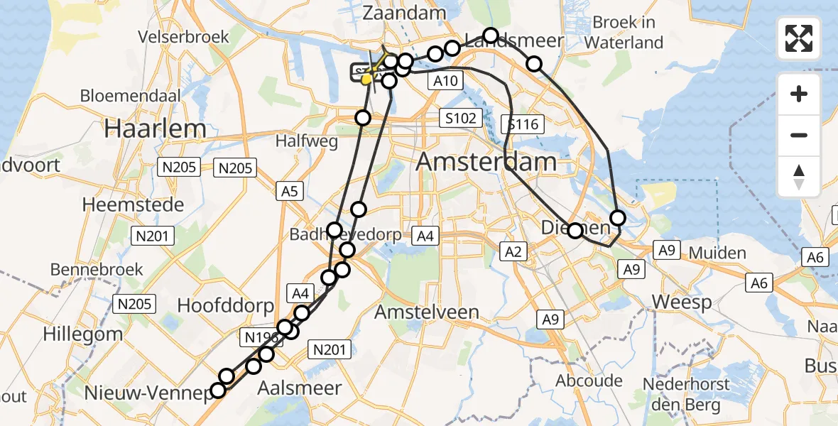 Routekaart van de vlucht: Lifeliner 1 naar Amsterdam Heliport, Nieuw-Zeelandweg