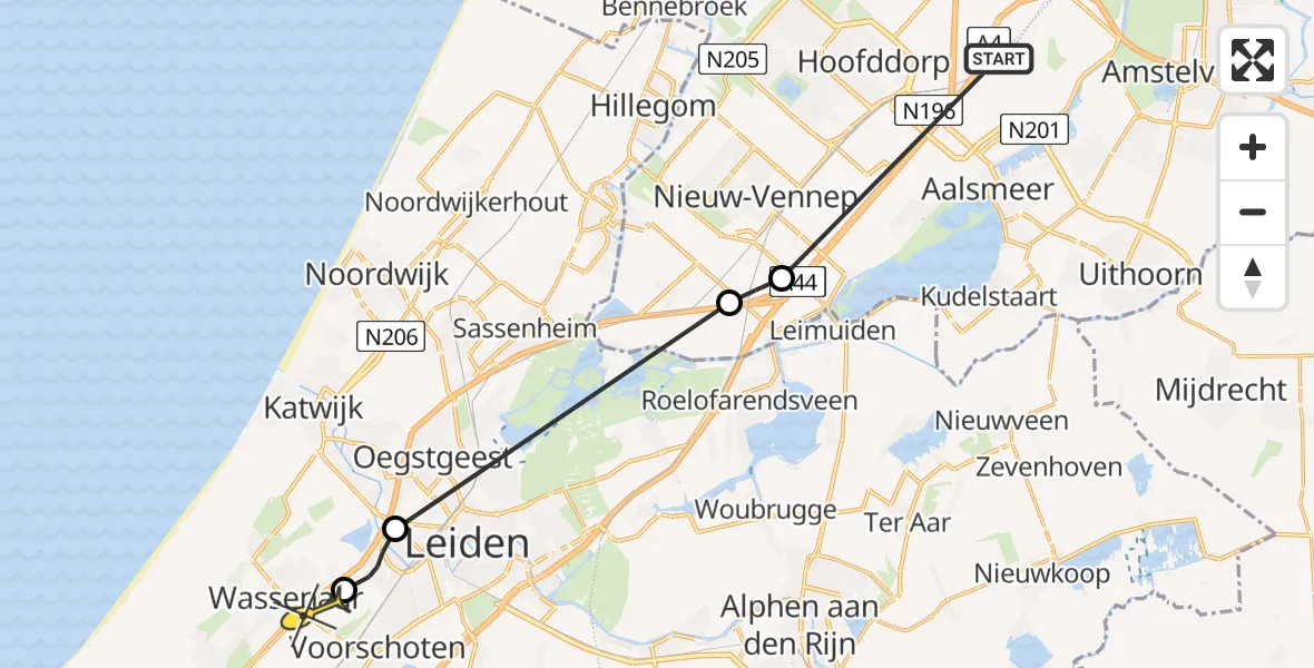 Routekaart van de vlucht: Politieheli naar Wassenaar, Leimuiderweg