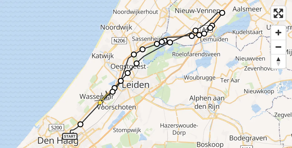 Routekaart van de vlucht: Politiehelikopter naar Wassenaar, Bezuidenhoutseweg