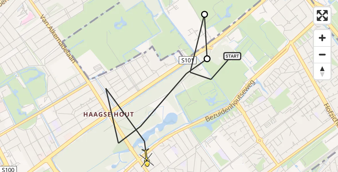 Routekaart van de vlucht: Politiehelikopter naar Den Haag, Leidsestraatweg