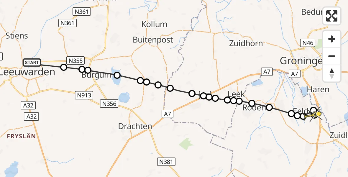 Routekaart van de vlucht: Lifeliner 4 naar Groningen Airport Eelde, Taco van der Veenplein