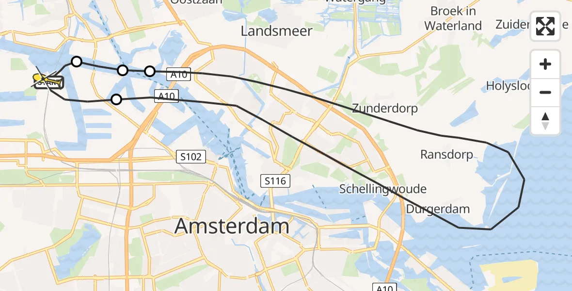 Routekaart van de vlucht: Lifeliner 1 naar Amsterdam Heliport, Kompasweg