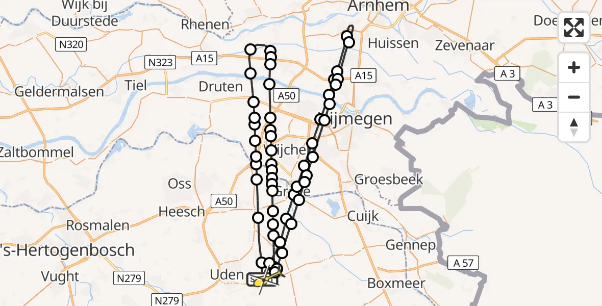 Routekaart van de vlucht: Lifeliner 3 naar Vliegbasis Volkel, De Bunders