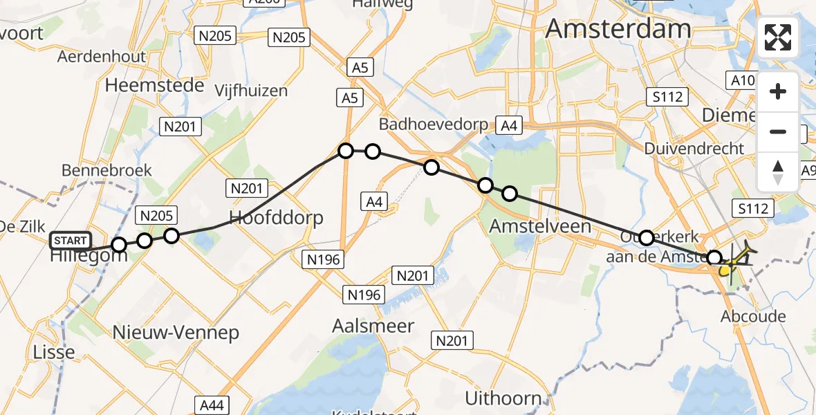 Routekaart van de vlucht: Lifeliner 1 naar Academisch Medisch Centrum (AMC), Valckslootlaan