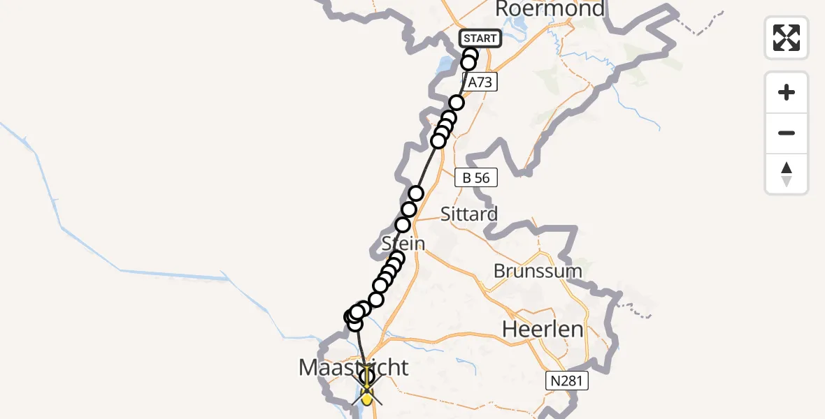 Routekaart van de vlucht: Lifeliner 3 naar Maastricht UMC+, De Groese