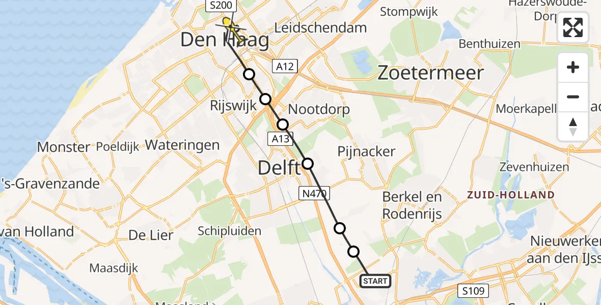 Routekaart van de vlucht: Lifeliner 2 naar Den Haag, Schieveense polder