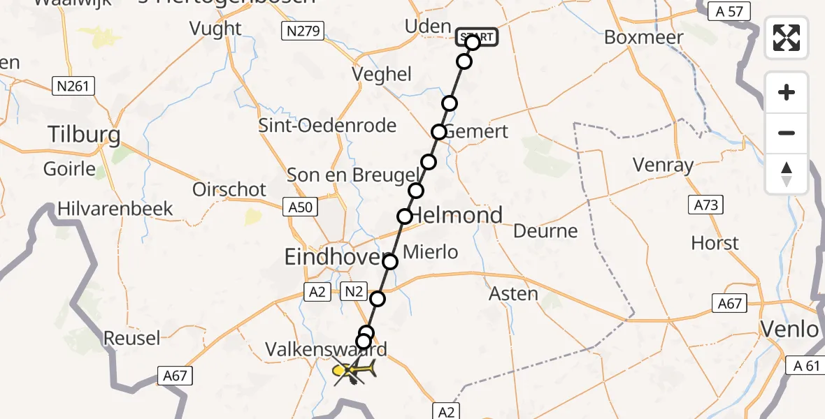 Routekaart van de vlucht: Politiehelikopter naar Leende, Oosterheidestraat