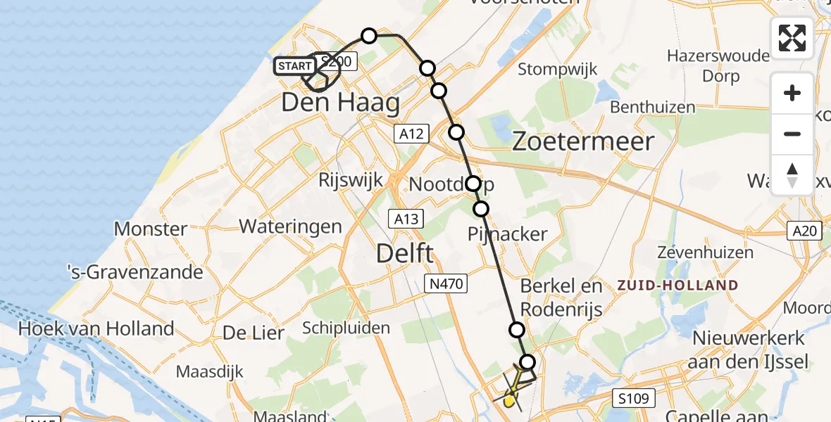 Routekaart van de vlucht: Politiehelikopter naar Rotterdam The Hague Airport, Professor P.S. Gerbrandyweg