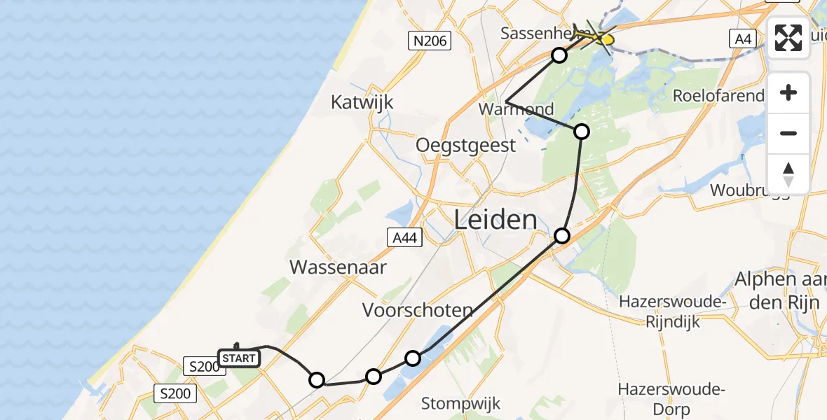 Routekaart van de vlucht: Politiehelikopter naar Sassenheim, Landscheidingsweg