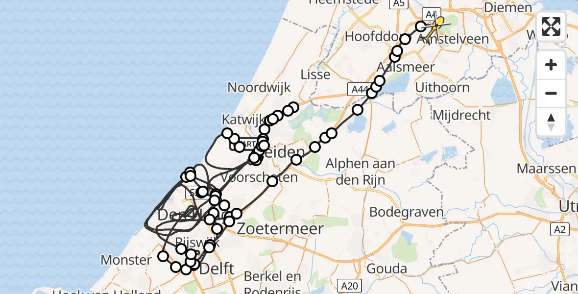 Routekaart van de vlucht: Politieheli naar Schiphol, Wassenaarse volkstuindersvereniging (locatie Ruigelaan)