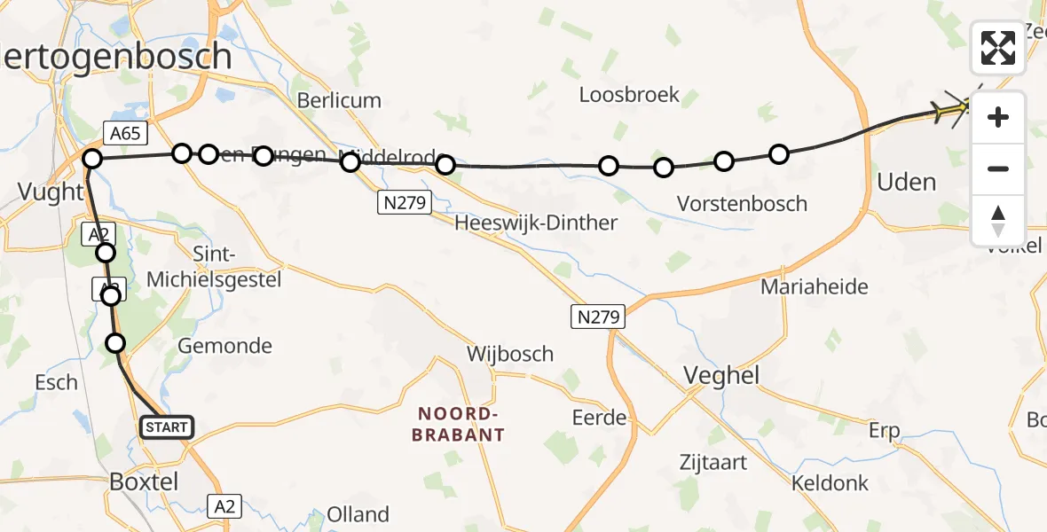 Routekaart van de vlucht: Politiehelikopter naar Uden, Dinobos