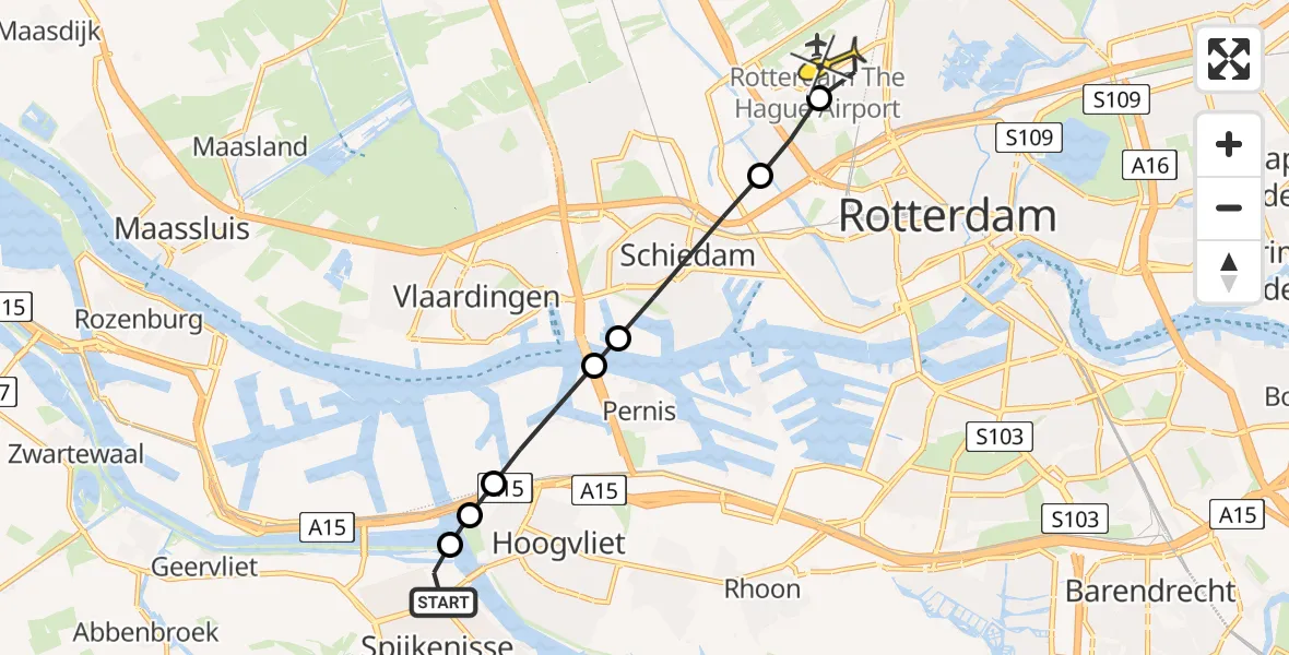Routekaart van de vlucht: Lifeliner 2 naar Rotterdam The Hague Airport, Scheepvaart- en Voedingskanaal