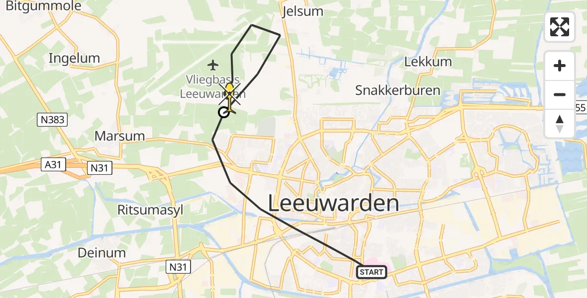 Routekaart van de vlucht: Ambulanceheli naar Vliegbasis Leeuwarden, Ruysdaelstraat