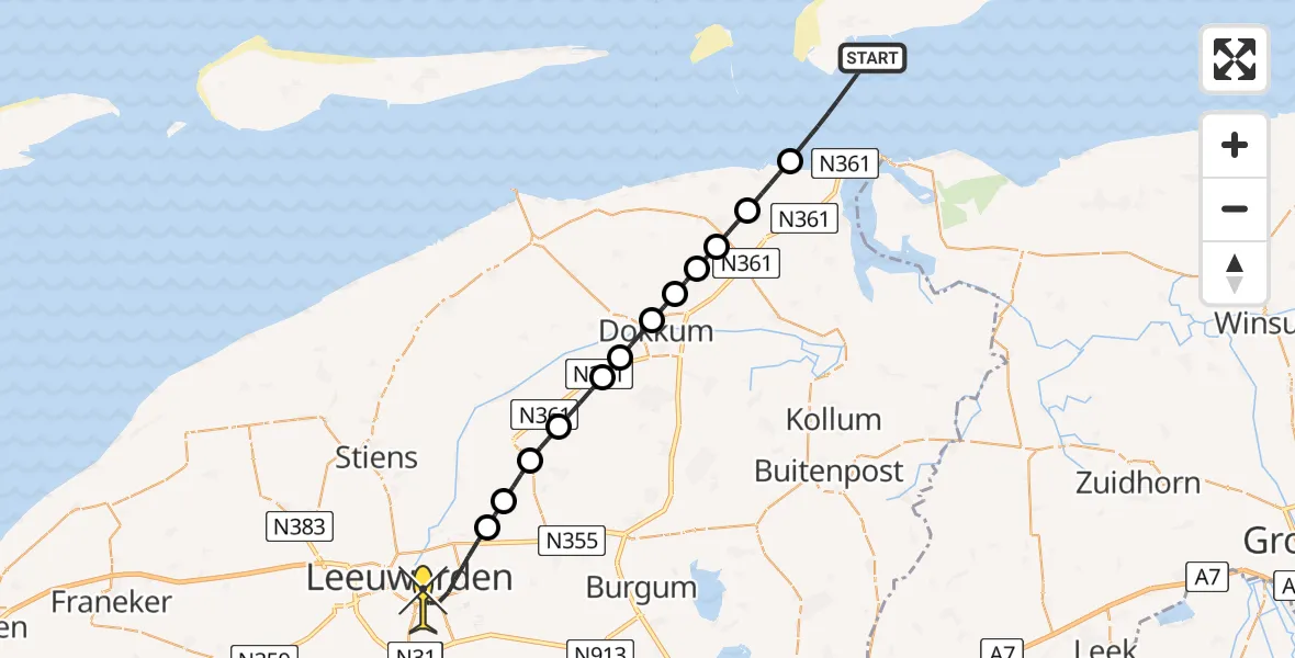 Routekaart van de vlucht: Ambulancehelikopter naar Leeuwarden, Piebe
