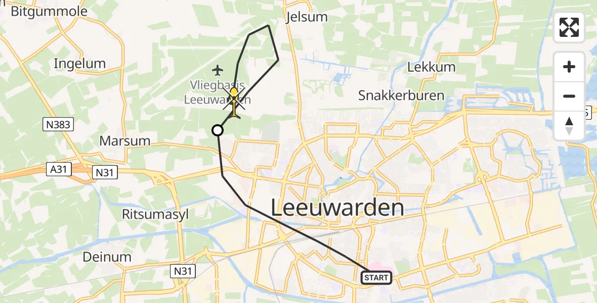Routekaart van de vlucht: Ambulanceheli naar Vliegbasis Leeuwarden, Wijnhornsterstraat
