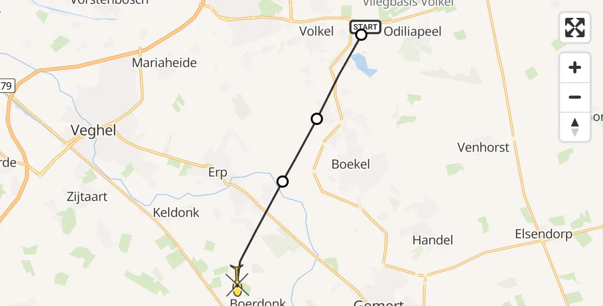 Routekaart van de vlucht: Politieheli naar Erp, Brabantstraat