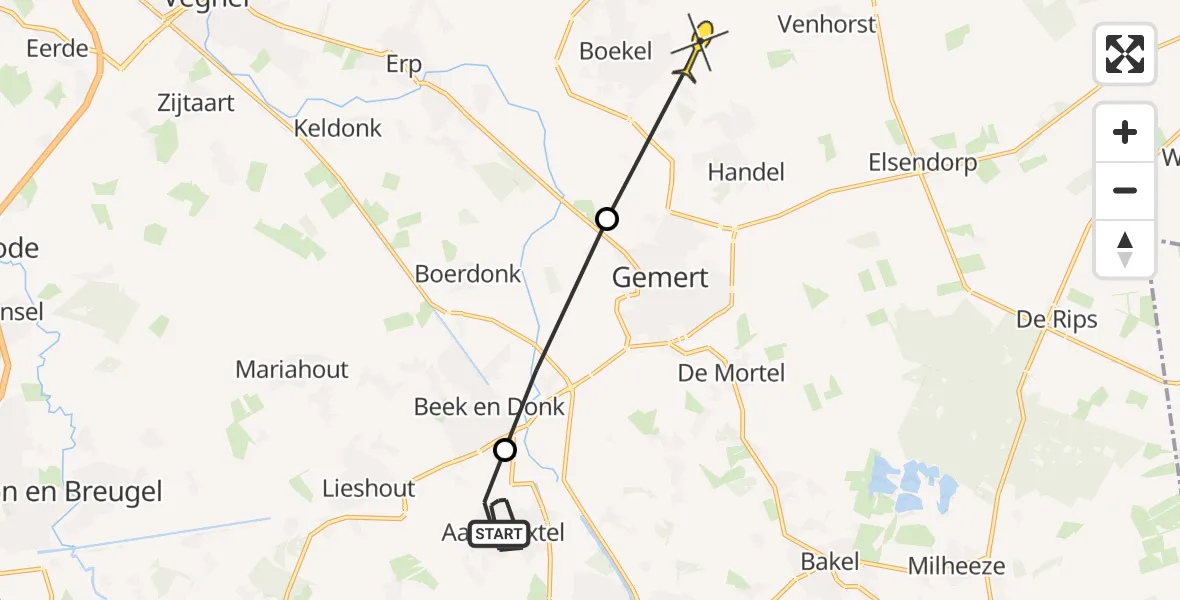 Routekaart van de vlucht: Politieheli naar Boekel, De Duivenakker