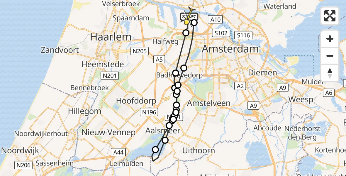 Routekaart van de vlucht: Lifeliner 1 naar Amsterdam Heliport, Nieuw-Zeelandweg