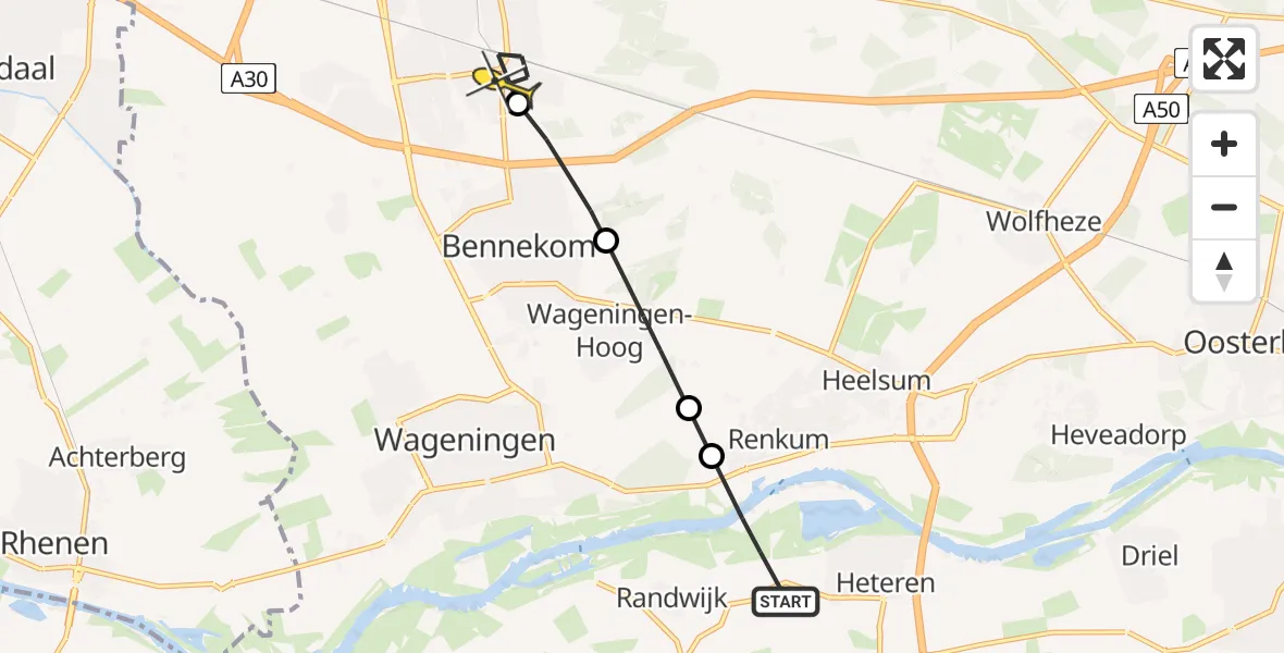 Routekaart van de vlucht: Politieheli naar Ede, Renkumse Veerweg
