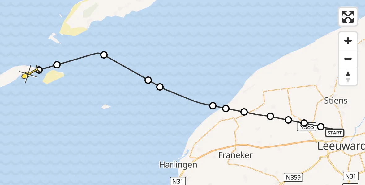 Routekaart van de vlucht: Ambulancehelikopter naar Vlieland Heliport, Keegsdijkje