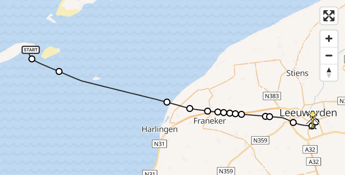Routekaart van de vlucht: Ambulancehelikopter naar Leeuwarden, Vliesloot